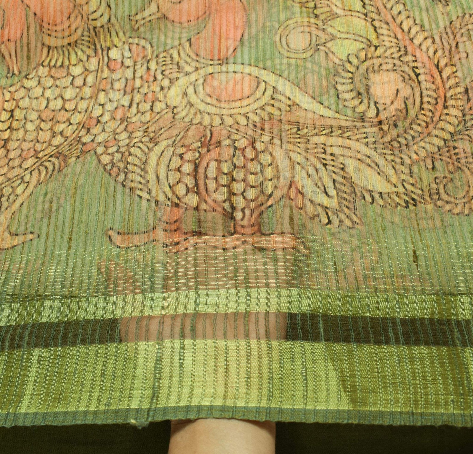 Sushila Vintage Green Silk Saree Kalamkari Printed & Woven Peacock Sari Fabric