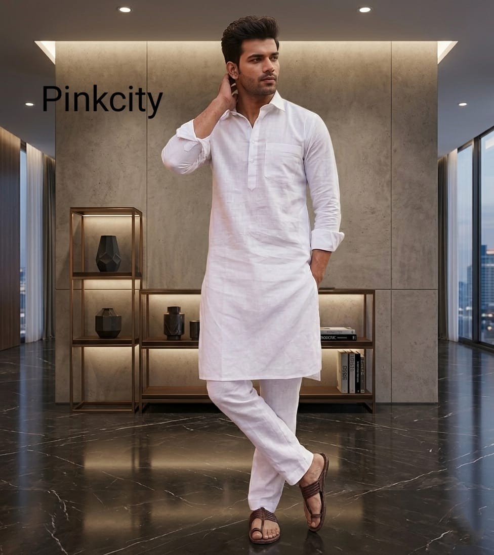 Men’s White Kurta Pajama Set Indian Traditional Ethnic Wear Cotton Wedding Party