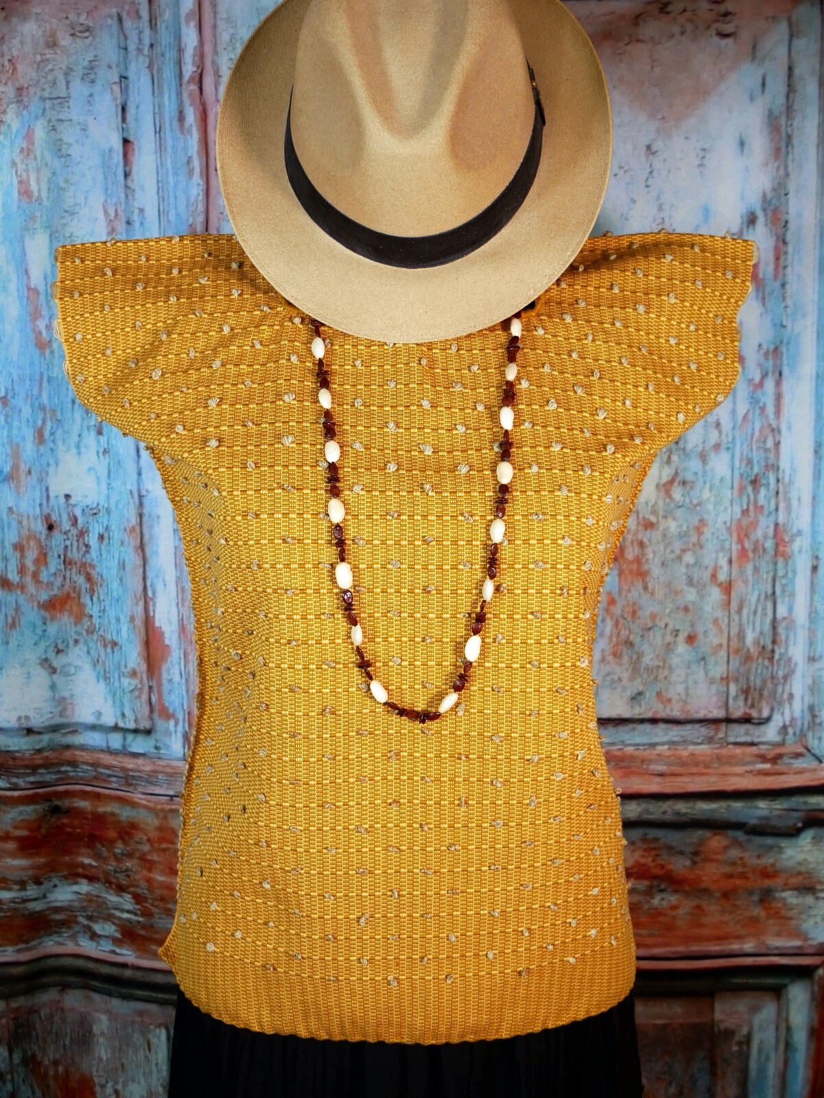 Huipil Tunic Top Handwoven Backstrap Loom Gold & Beige Mayan Chiapas Mexico Boho