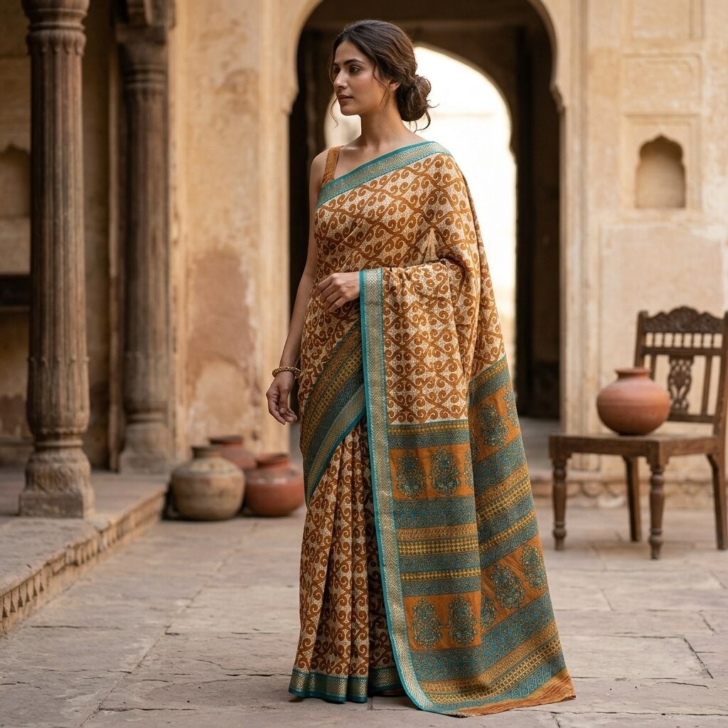 Sanskriti Vintage Brown Pure Silk Saree Floral Printed Sari Craft 5+Yard Fabric