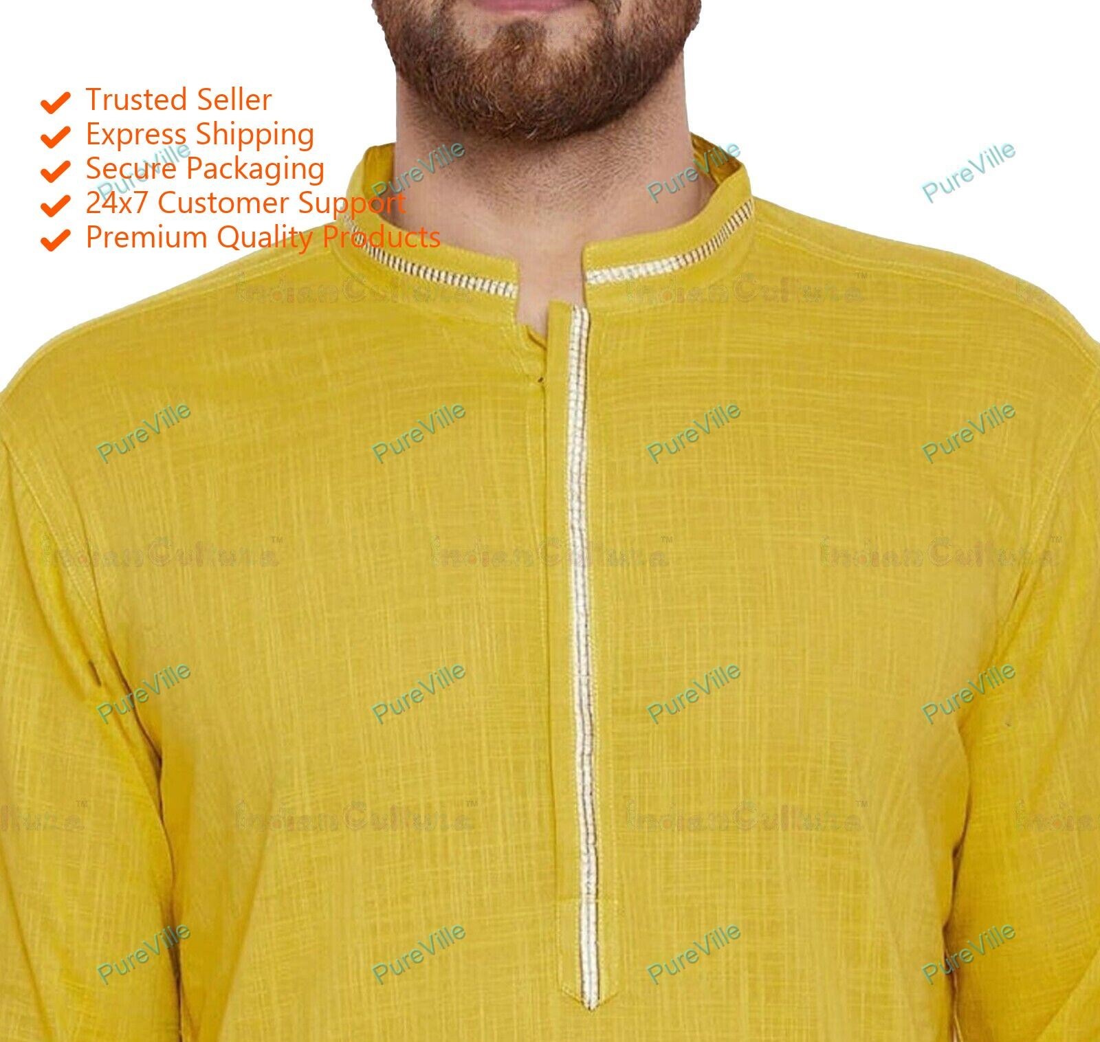 Mens Kurta Shirt Mens Wear Cotton Kurta Long Sleeve Kurta Color Yellow