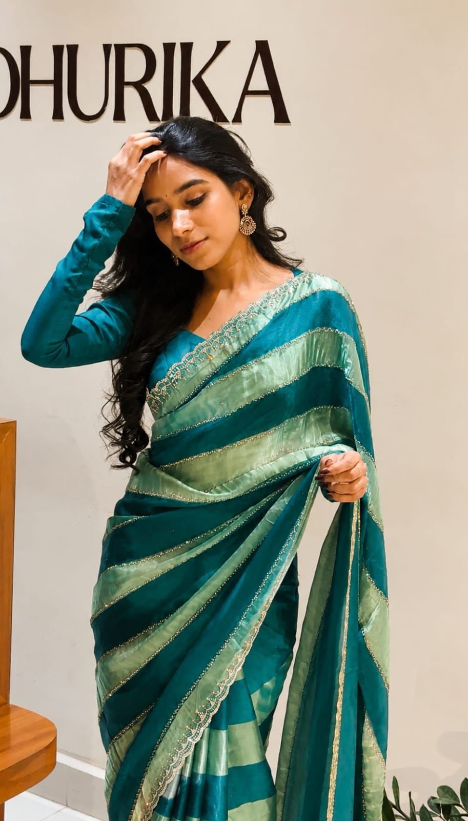 Women’s Fendi Satin Ombre Saree Diamond Stone Work Ruffle Style Contrast Blouse