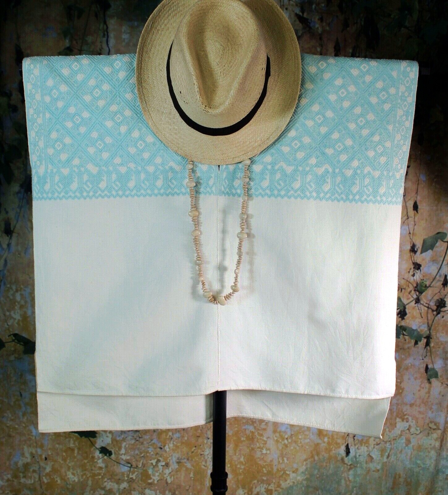 M/L Huipil Aqua & Cream Handwoven Backstrap Loom Mayan Larrainzar Chiapas Mexico