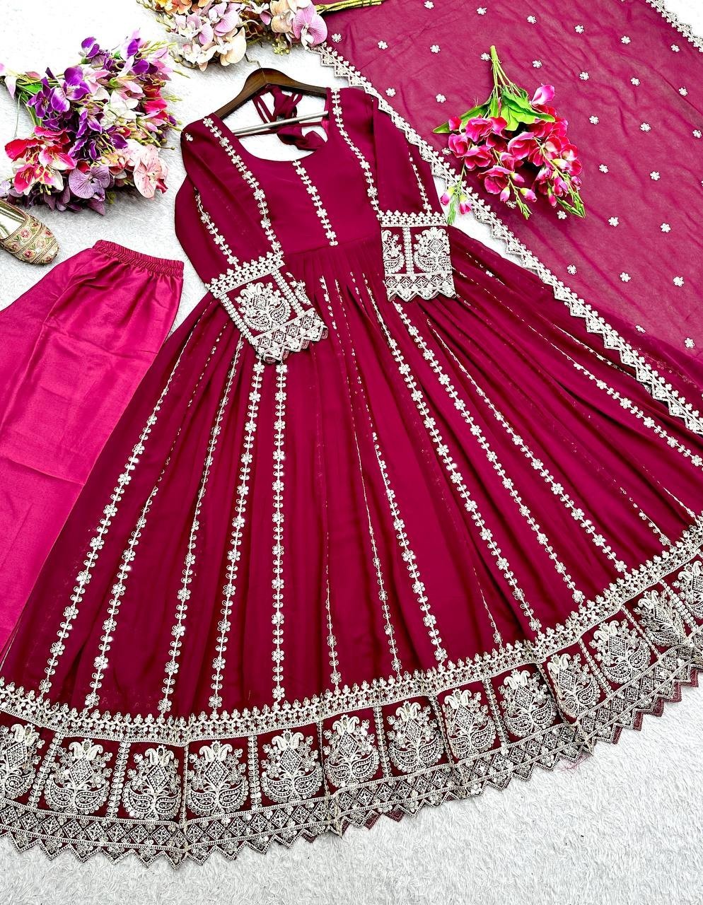 Pure Georgette Maroon Gown Bottom With Dupatta For Indian Festival Wear