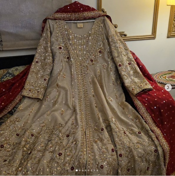 Elegant Handworked Kameez Set with Lace Border Dupatta in Deep Maroon & Beige