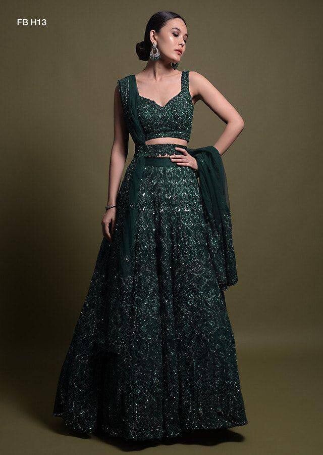 Stunning Look Dark Green Net Lehenga Choli With Butterfly Net Dupatta For Women