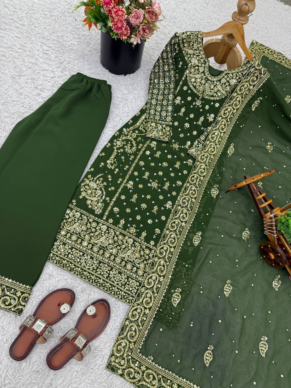 Fancy Designer Heavy Georgette Green Palazzo Suit And Dupatta For Function Wear