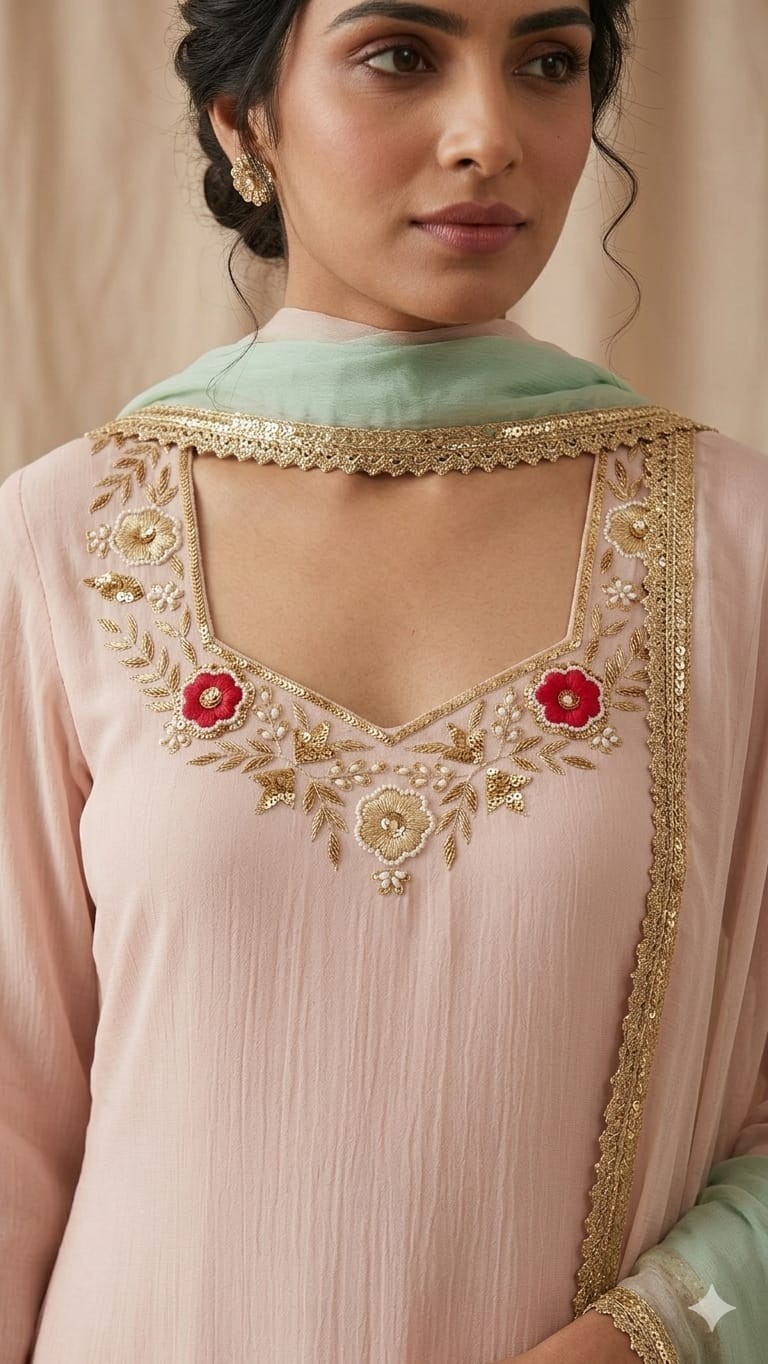 Custom Handmade Blush Pink Crinkle Chiffon Salwar Kameez Suit | Hand Embroidered