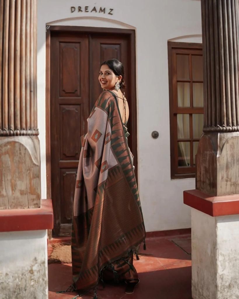 Rose Gold Green Lichi Silk Saree Rich Pallu Jacquard Work All Over Indian Sari