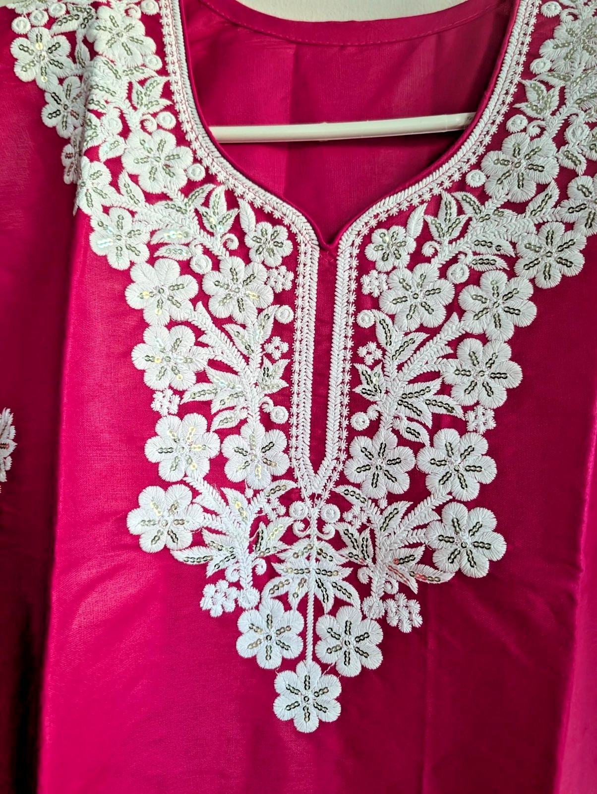 Kurta Top Tunic Silk Blend Thread Seqin Embroidered U-Neckline Pink 36″ x 20″