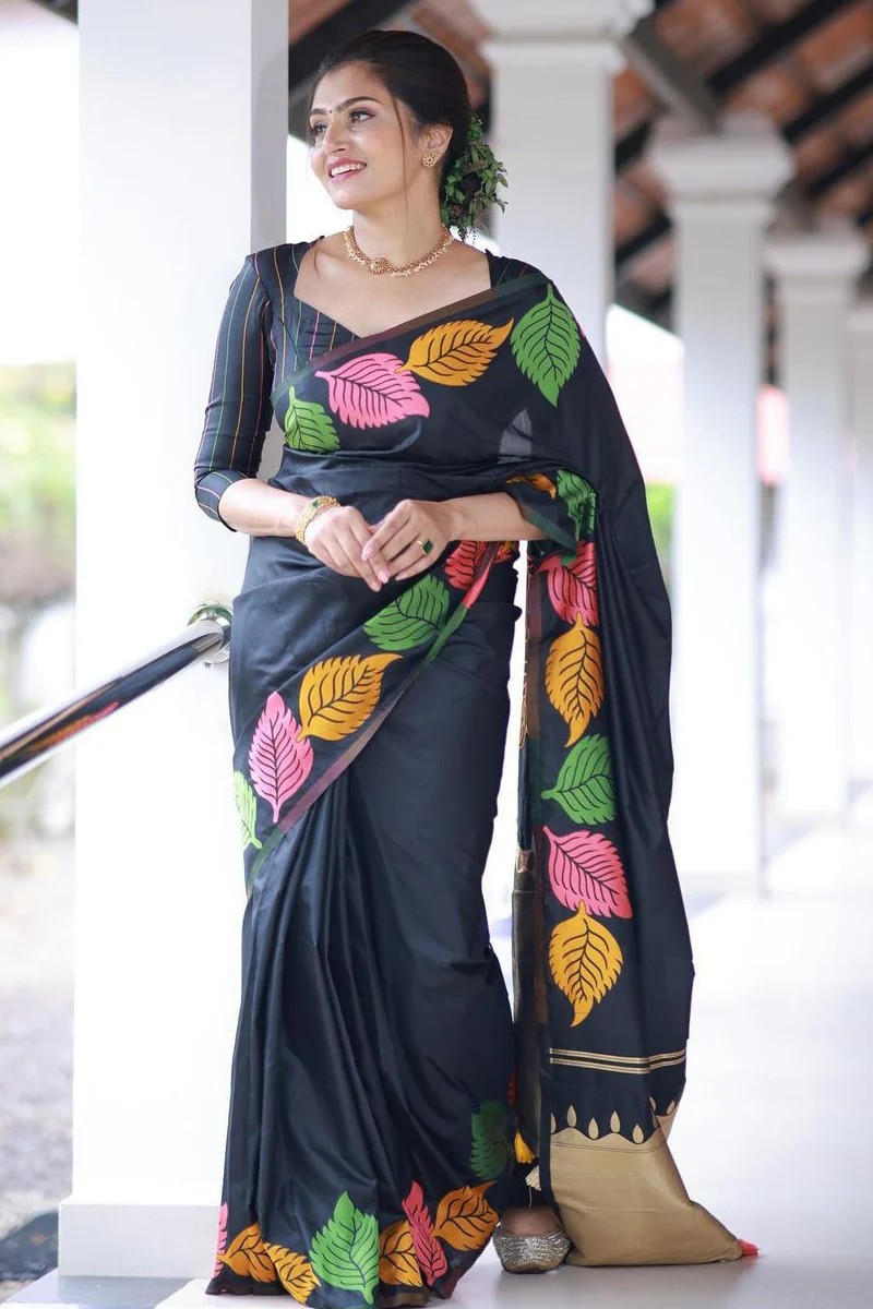 Women Banarasi Silk Saree Zari Leaf Jacquard Work Black Color With Blouse Piece