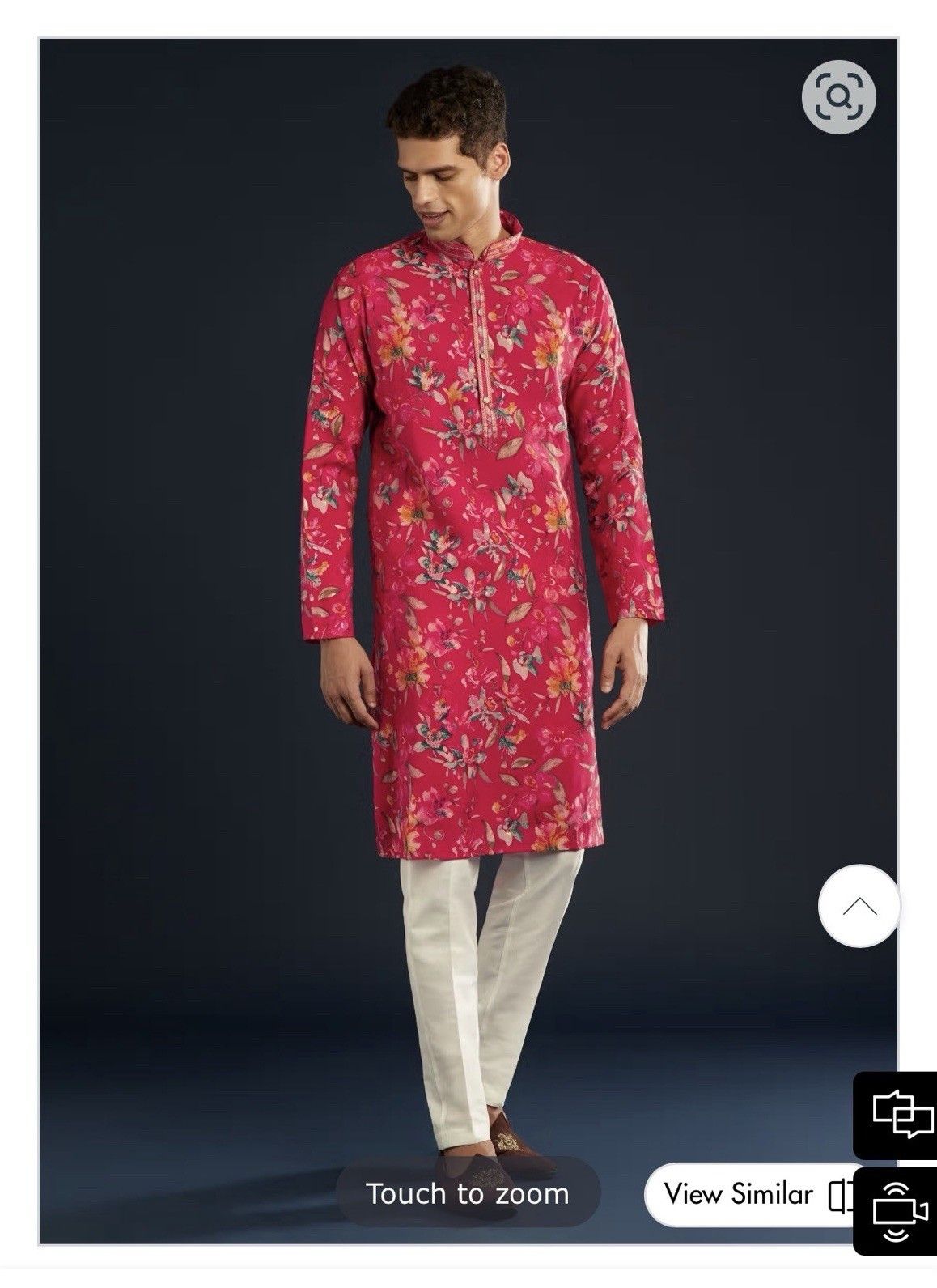 Kalki Fashion Men’s L Pink Floral Print Cotton Kurta Mandarin Collar Long Sleeve