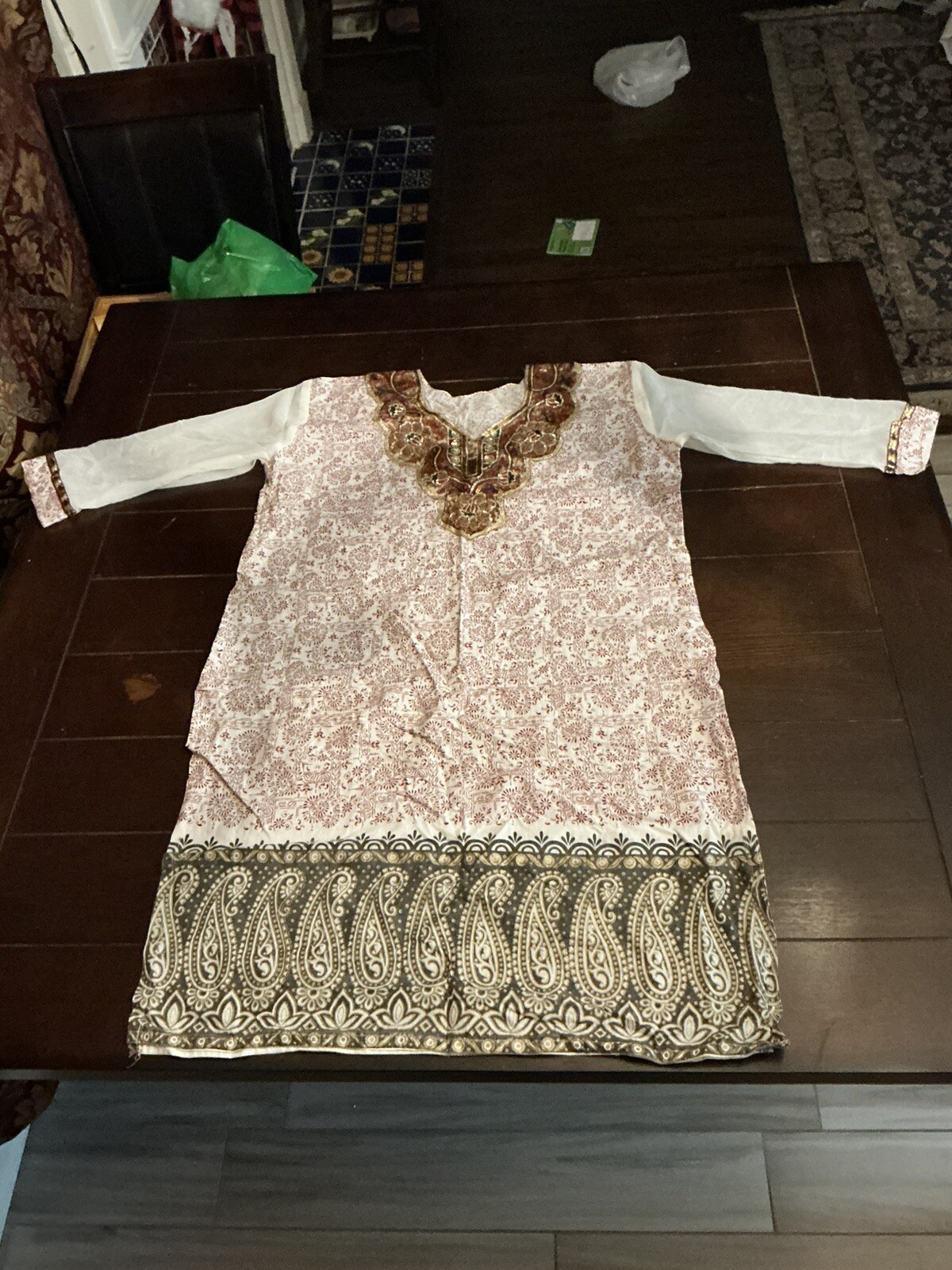 chiffon sleeve, sequined, paisley print cotton kurti, tunic, 37″ long, bust 46″,