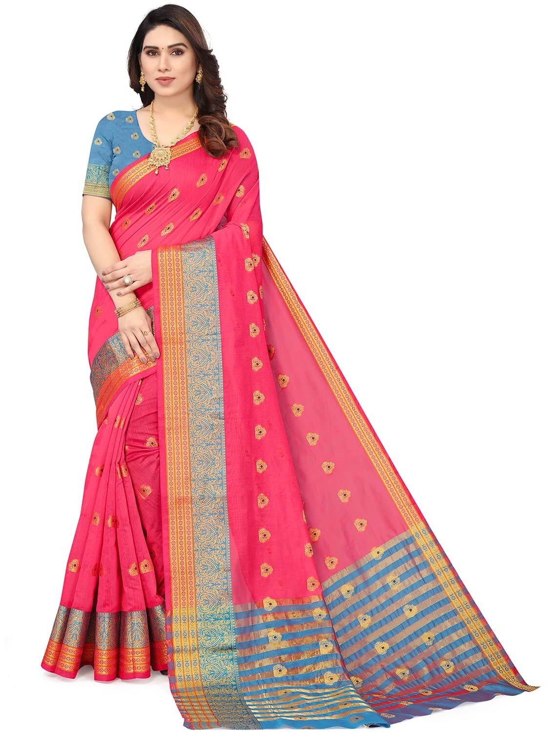 Women’s Jacquard Cotton Blend Golden Zari Woven saree with Running Blouse Piece