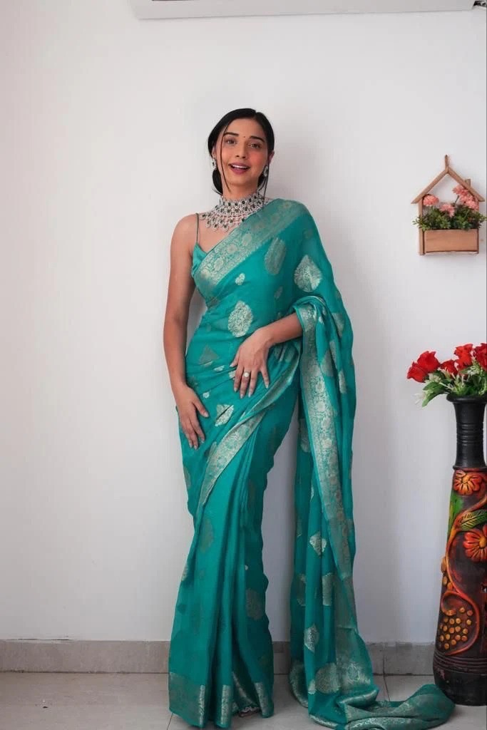 Women’s Blue Ready to Wear Jacquard Silk Saree With Unstitched Blouse Piece