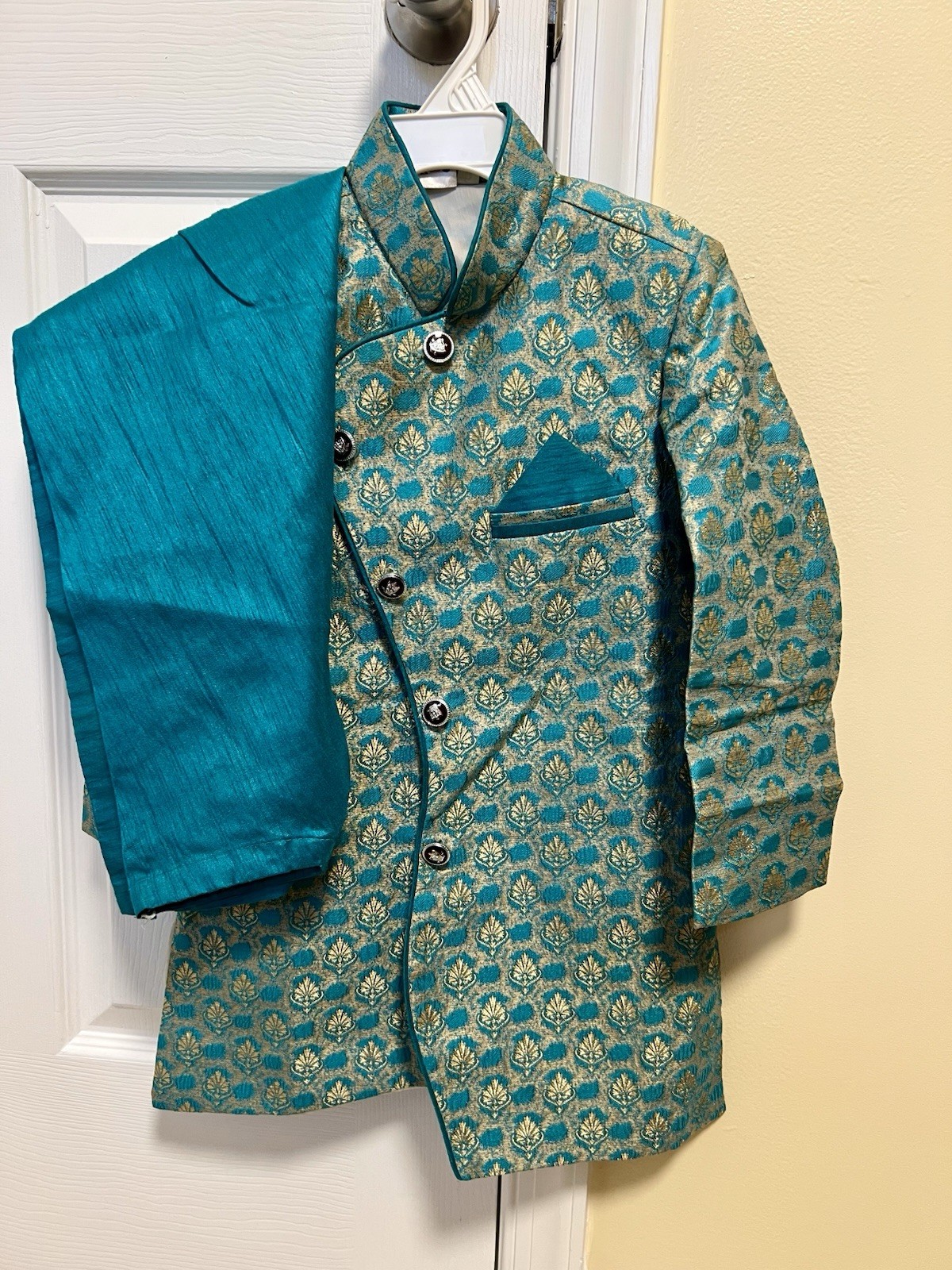 Sherwani Punjabi Set Blue golden color in kathan print party wear boy S Size 5