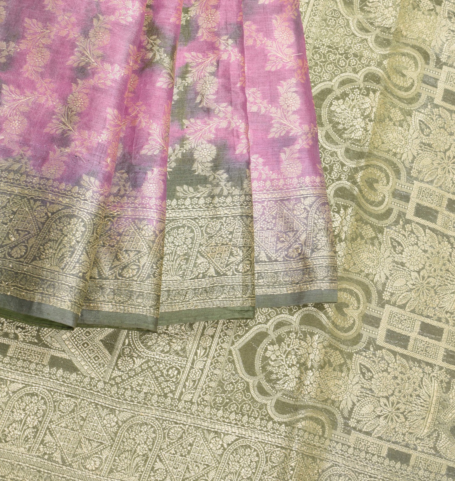 Sushila Vintage Pure Tussar Silk Saree Mauve & Green Woven Sari Craft Fabric