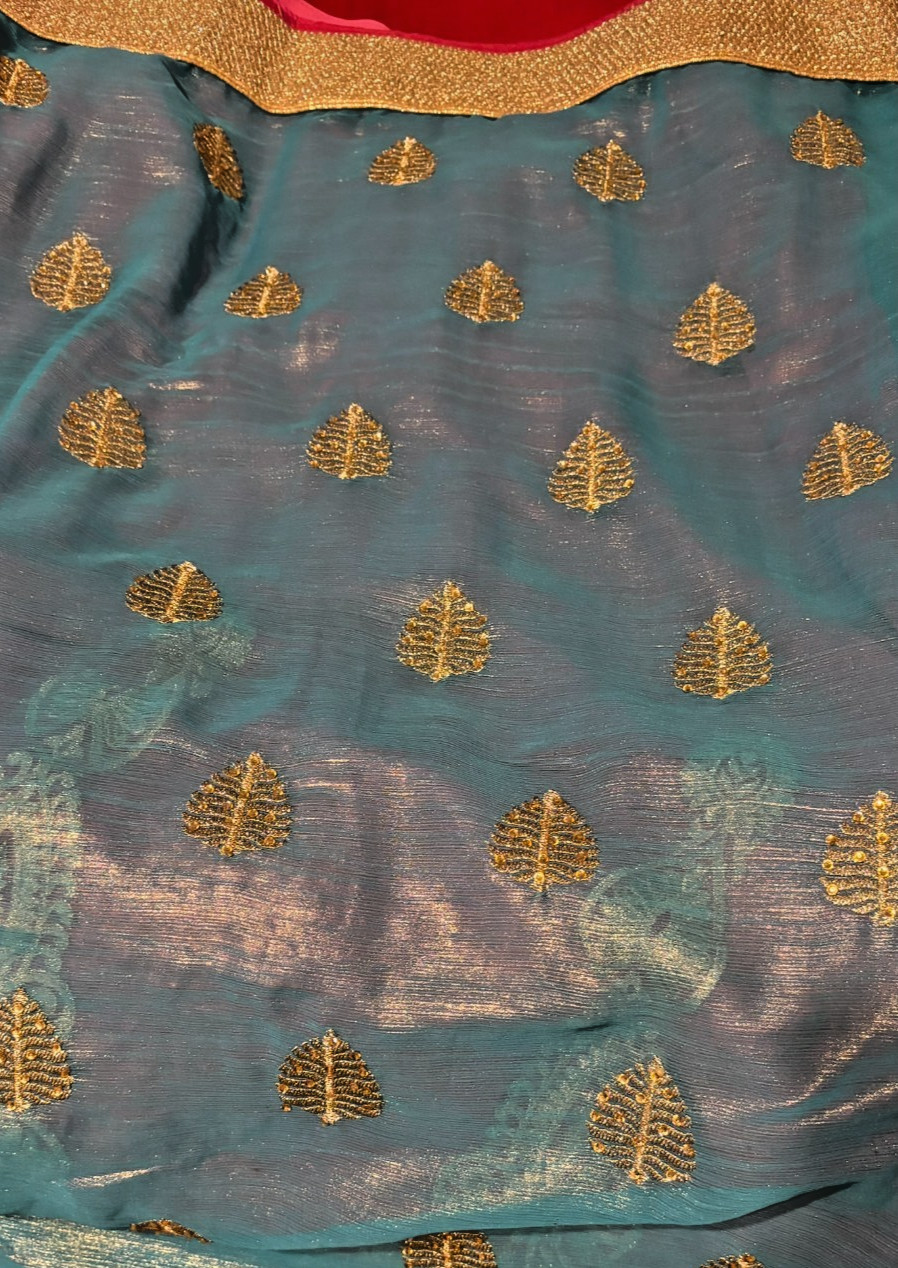 Bollywood Saree Shimmer Teal Blue Pink Heavy Gold Border motif Ready Blouse