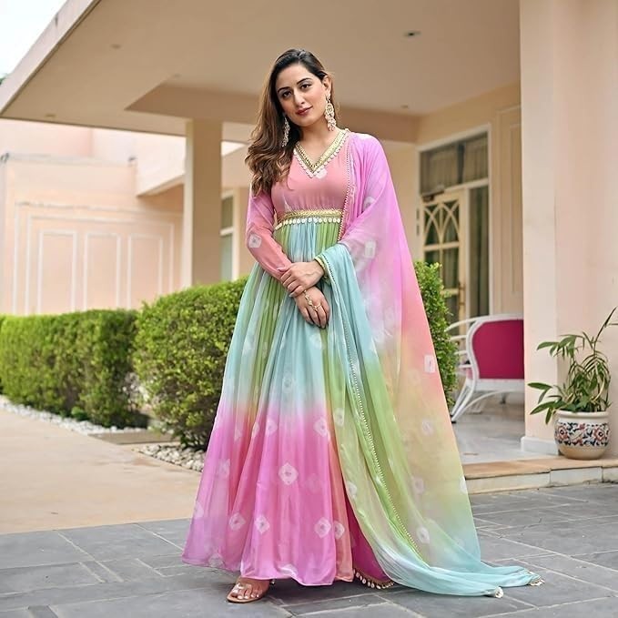 Women’s Georgette Anarkali Kurta and Dupatta Set | V Neck 3/4 Sleeves Regular