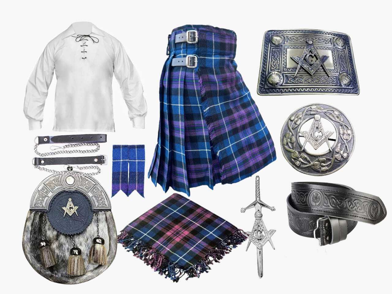 Men’s Scottish Tartan kilt Outfit 11 PCS Masonic style Wedding Kilt Set.