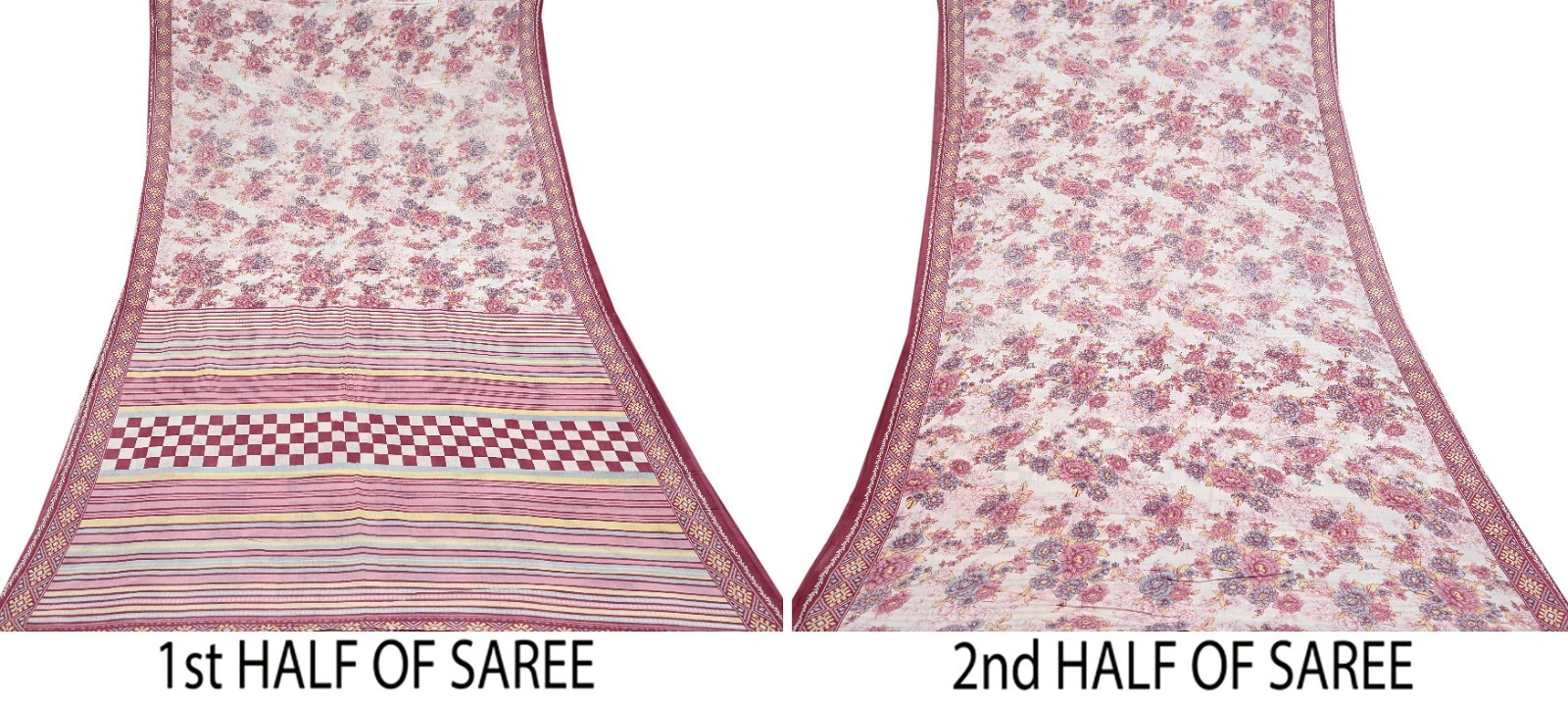 Vintage Sari Ivory & Pink Printed Blend Cotton Saree Craft Fabric 5Yd Soft Sewi