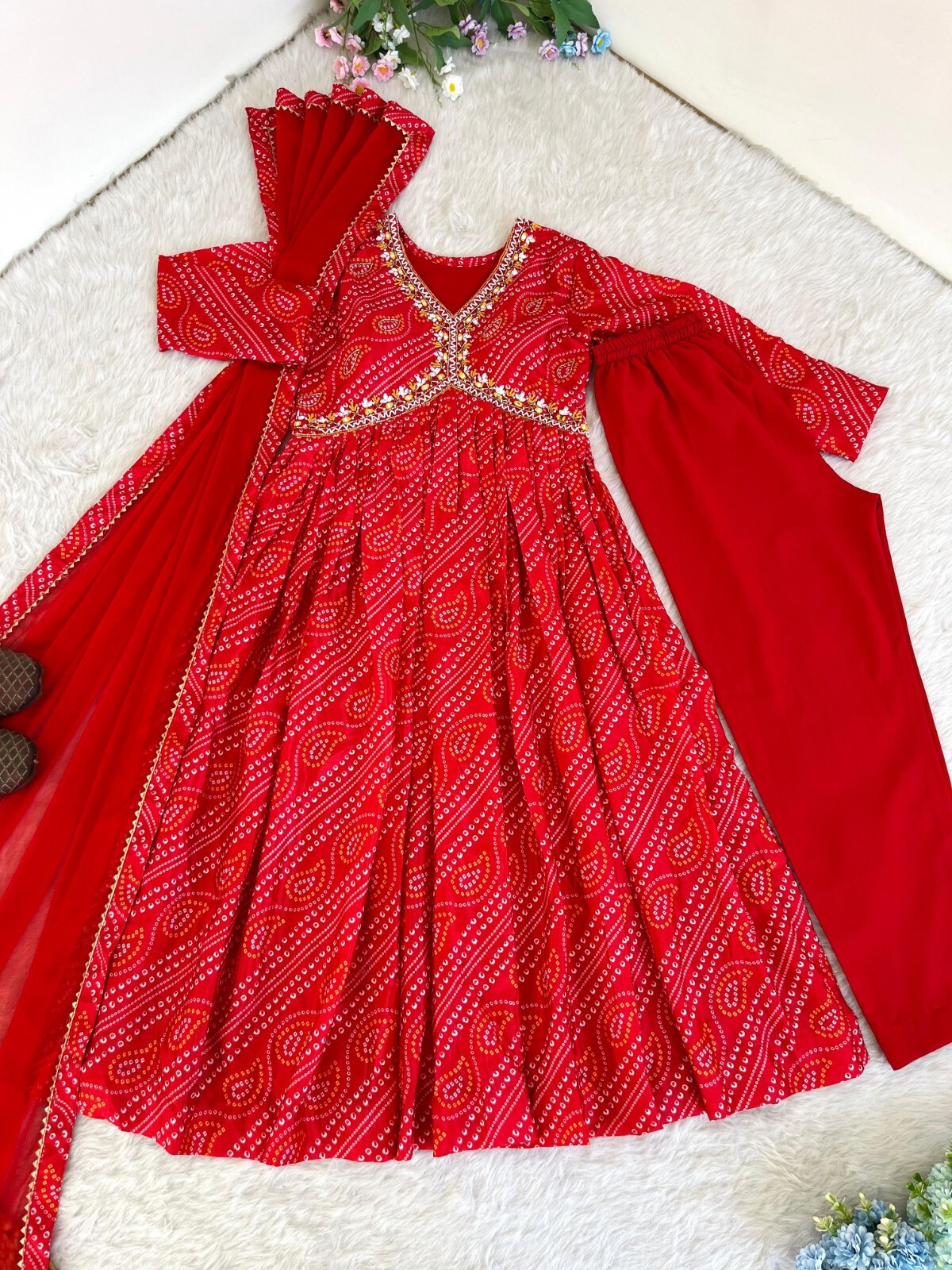 Red Bandhej Anarkali Kurta Pant Dupatta Set Hand Work Kurtis & Kurtas Suit Set