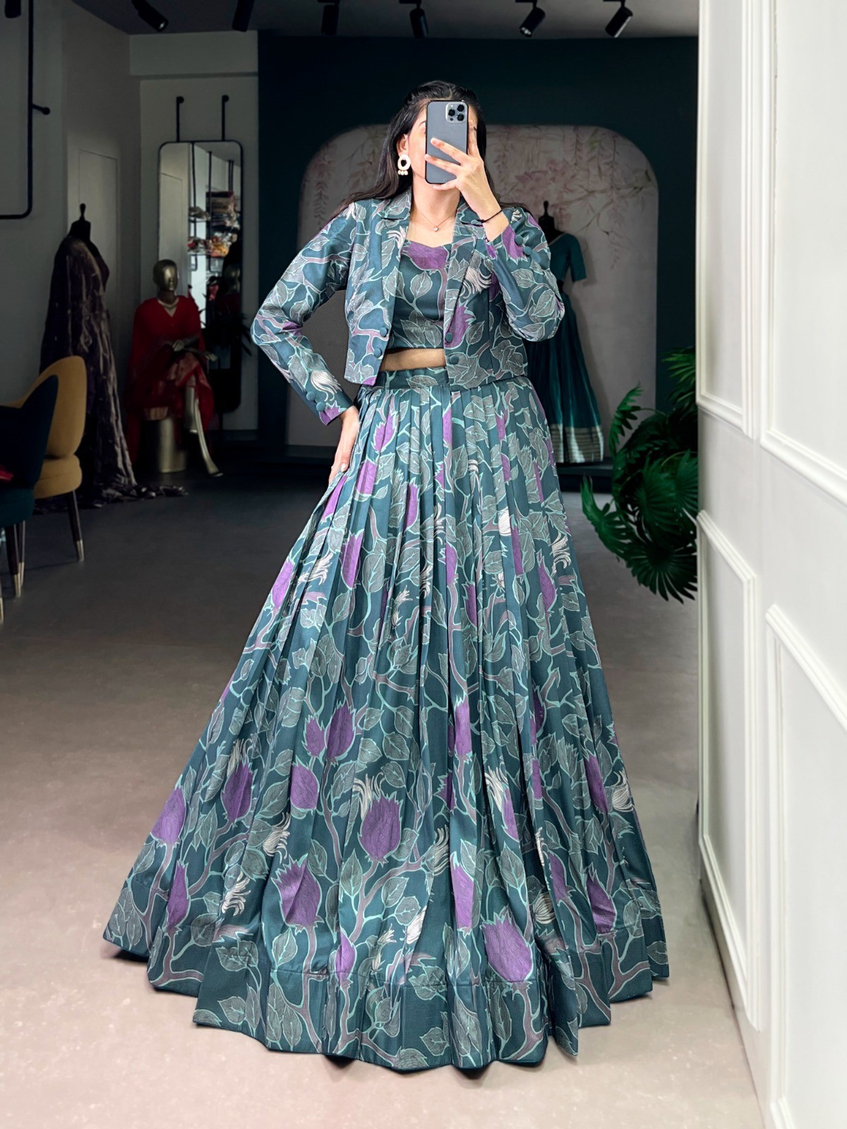 Tasar Silk Lehenga Choli with Koti Printed Indian Wedding Festival Outfit