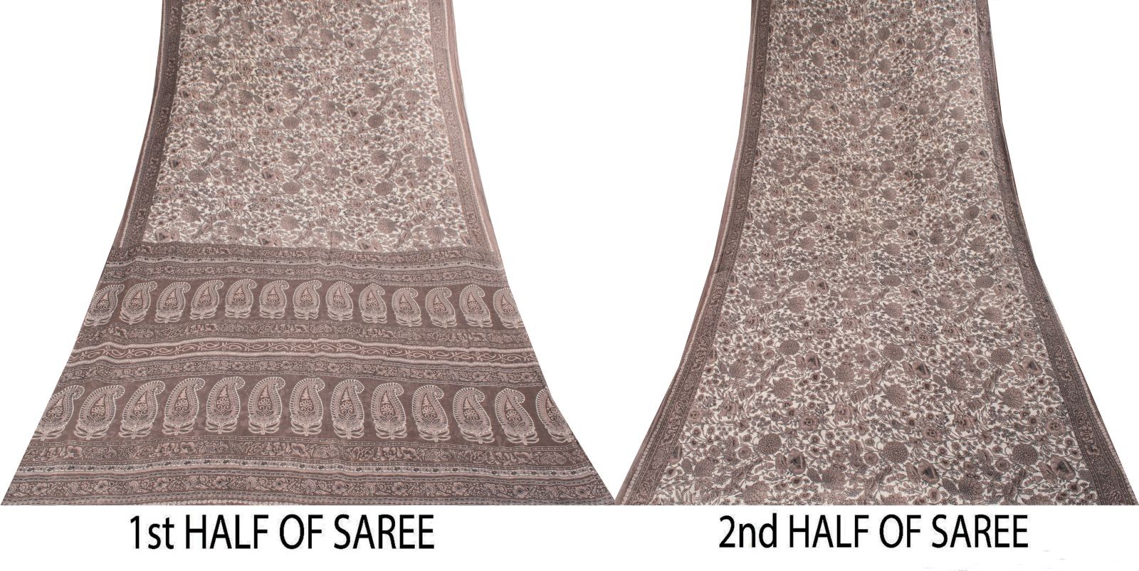 Sanskriti Vintage Saree White-Gray Pure Cotton Printed Sari Craft Fabric 5+Yard