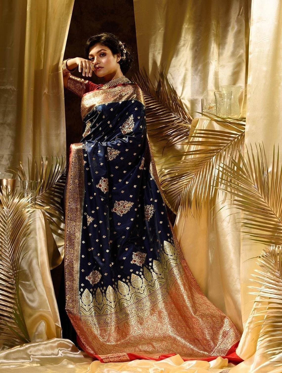 Women’s Soft Lichi Silk Banarasi Kanjivaram Saree With Blouse Piece, Blue Color