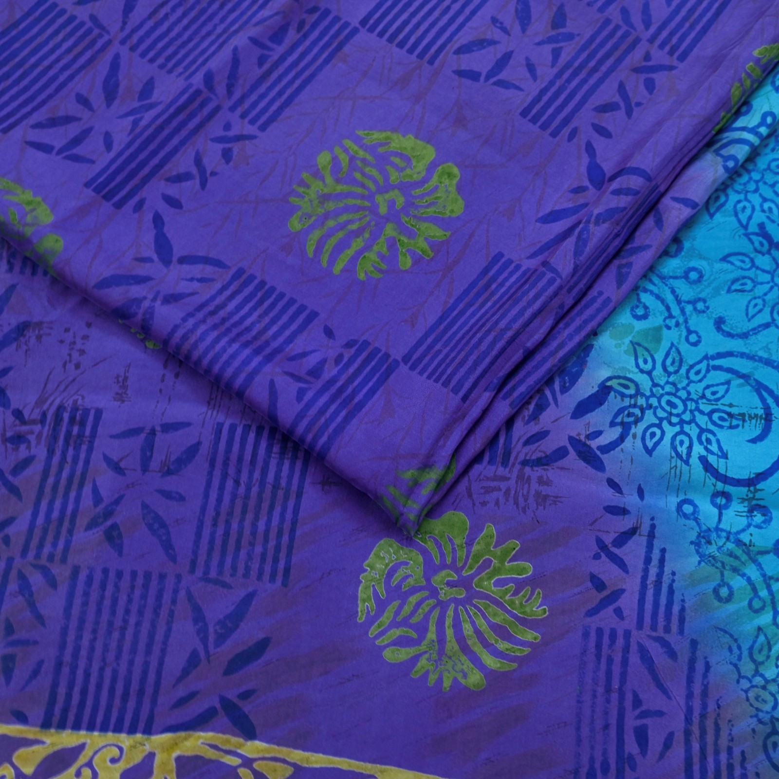 Vintage Sari Purple & Blue Pure Silk Printed Saree 6yd Sewing Craft Fabric Soft