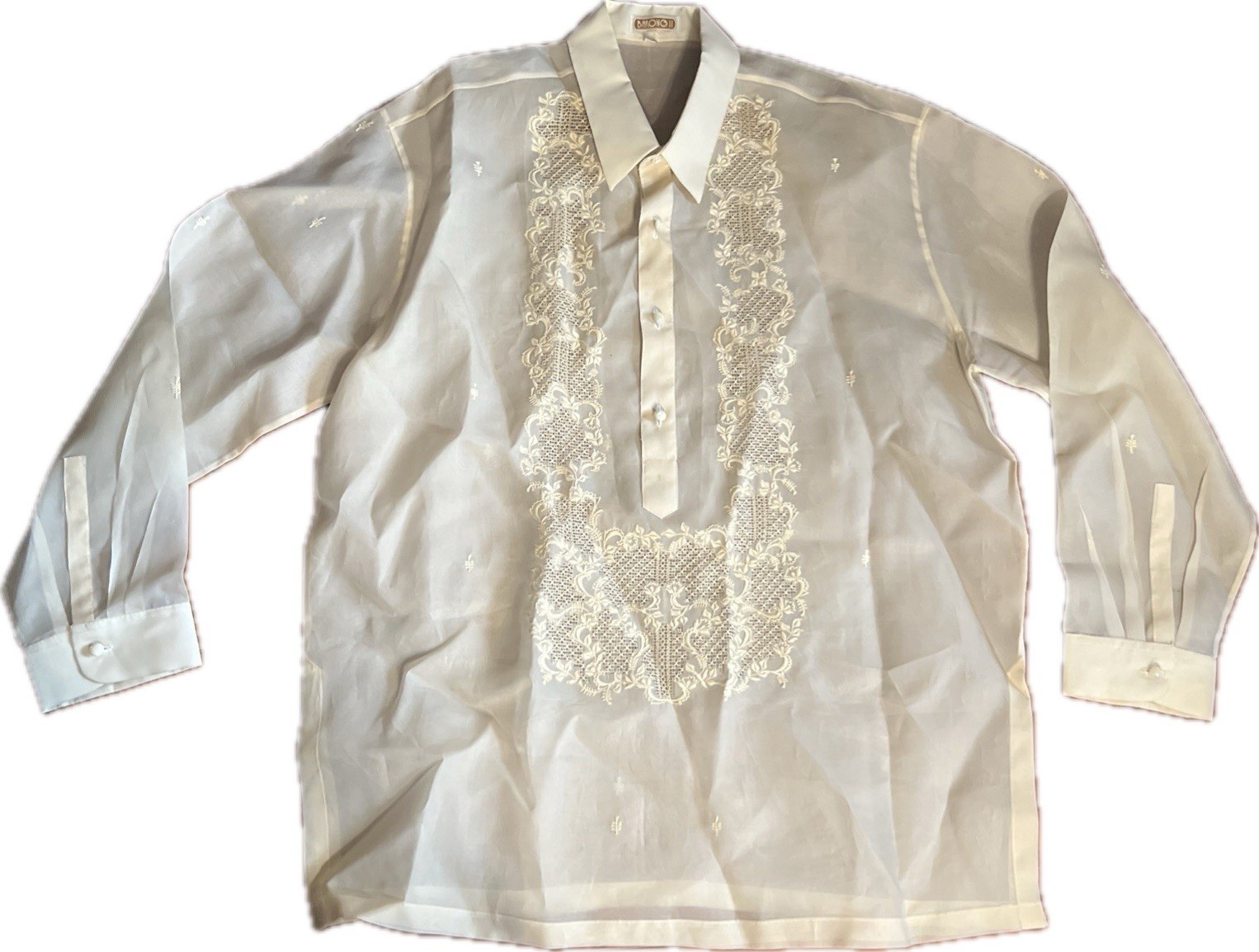 Barong II Filipino Tagalog Embroidered Floral 1/4 Button Men XL Off White EUC