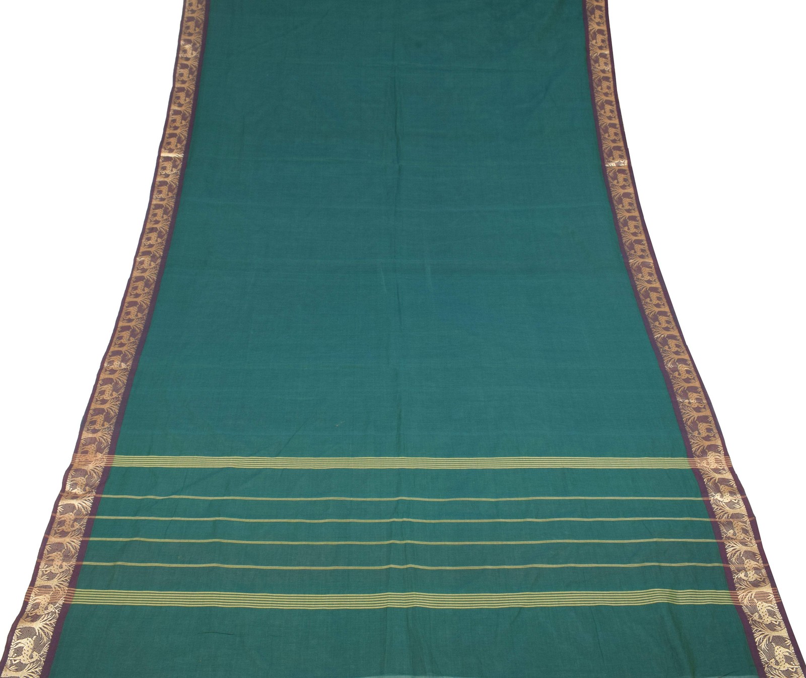 Sushila Vintage Pure Cotton Handloom Saree Dark Green Stripes Deer Woven Sari Fa