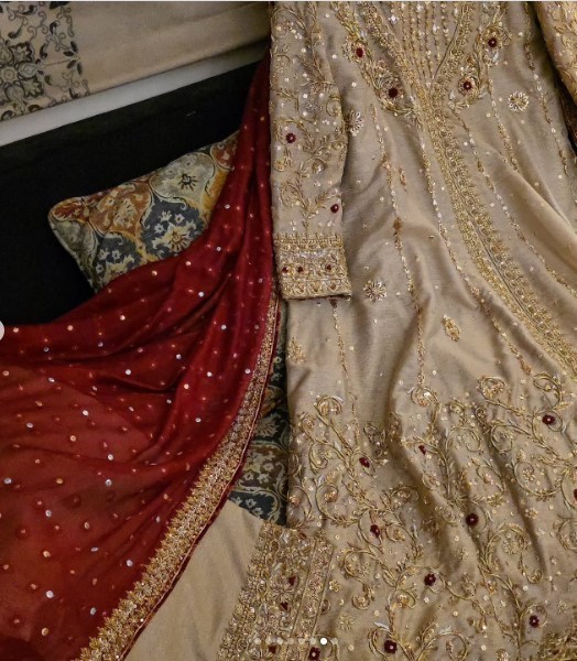 Elegant Handworked Kameez Set with Lace Border Dupatta in Deep Maroon & Beige