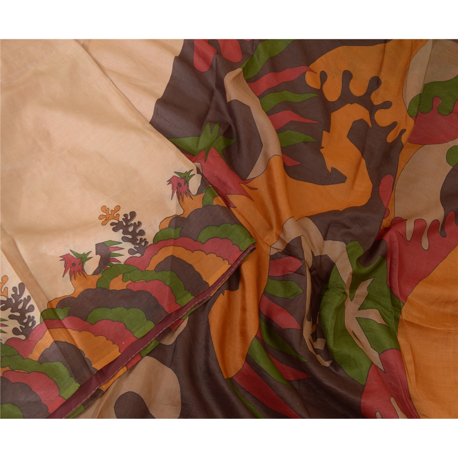 Sanskriti Vintage Sarees Light-Brown 100% Pure Silk Printed Sari Craft Fabric