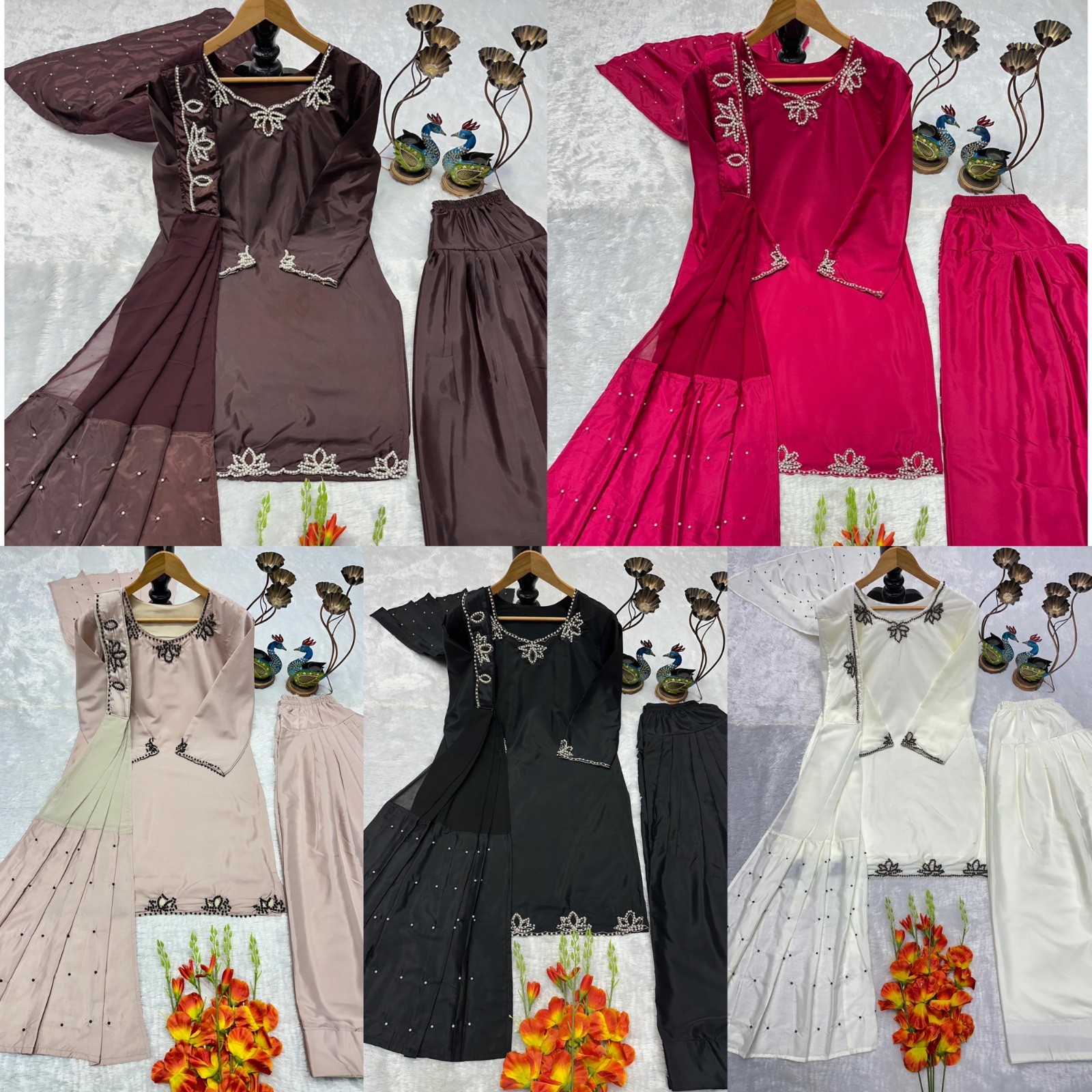 Embellished farshi shalwar suit dupatta set in 5 colours for festive wear