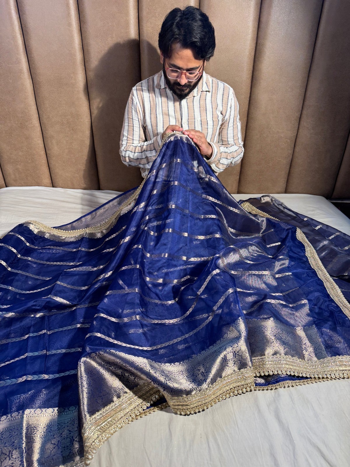 Women Blue Banarasi Organza Silk Saree Lace Work Unstitched Blouse Piece