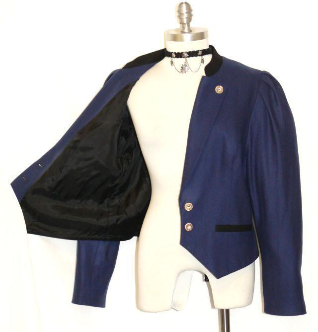 BLUE BOILED WOOL JACKET Women AUSTRIA Dress Skirt Suit Winter Coat B40″ 10 M