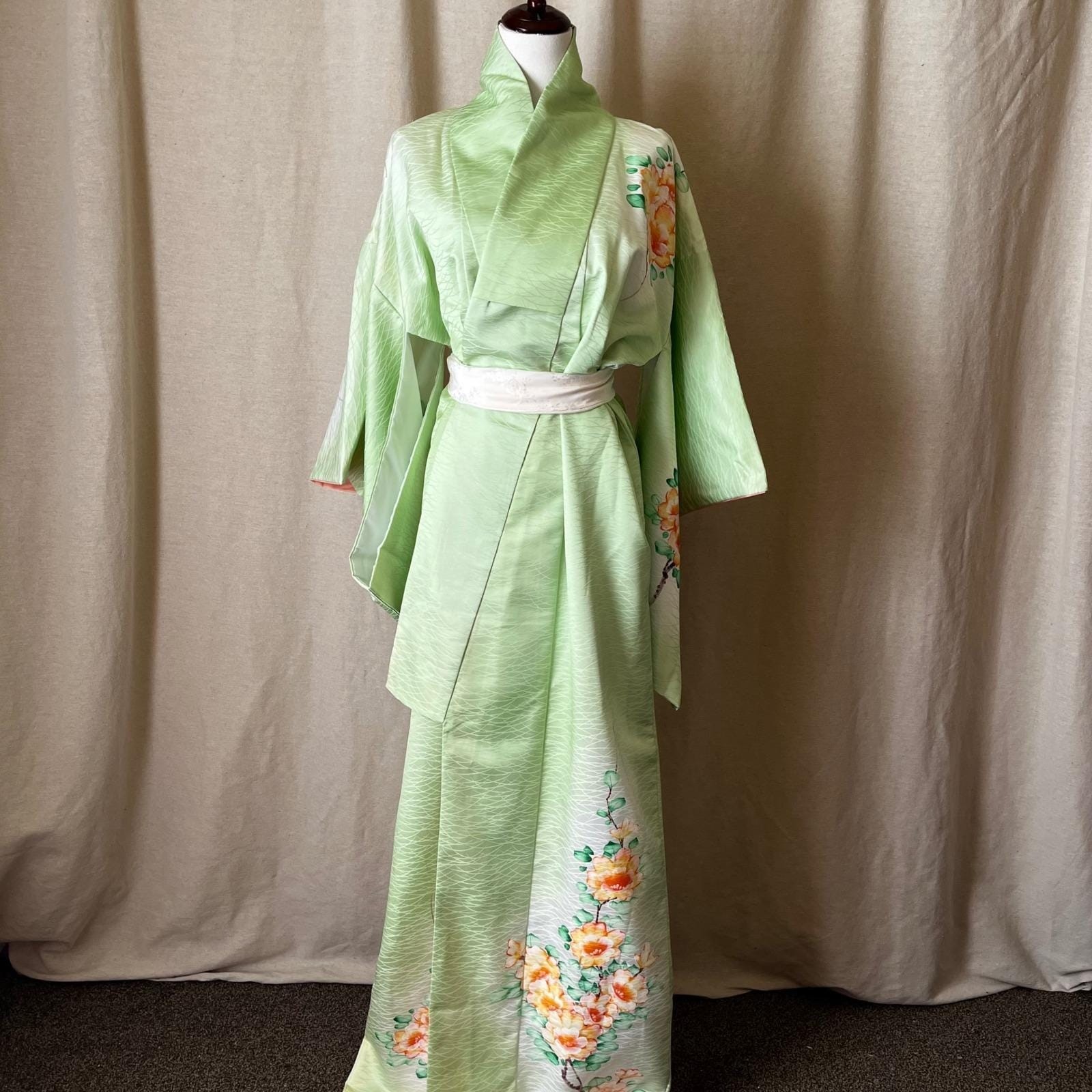 Hand Painted Silk Kimono Mint Green Peony Uchikake Long 63″ OS