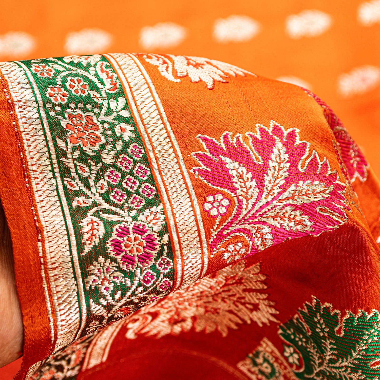Sanskriti Vintage Orange Pure Satin Sarees Banarasi Brocade Hand Woven 5+Yd Sari