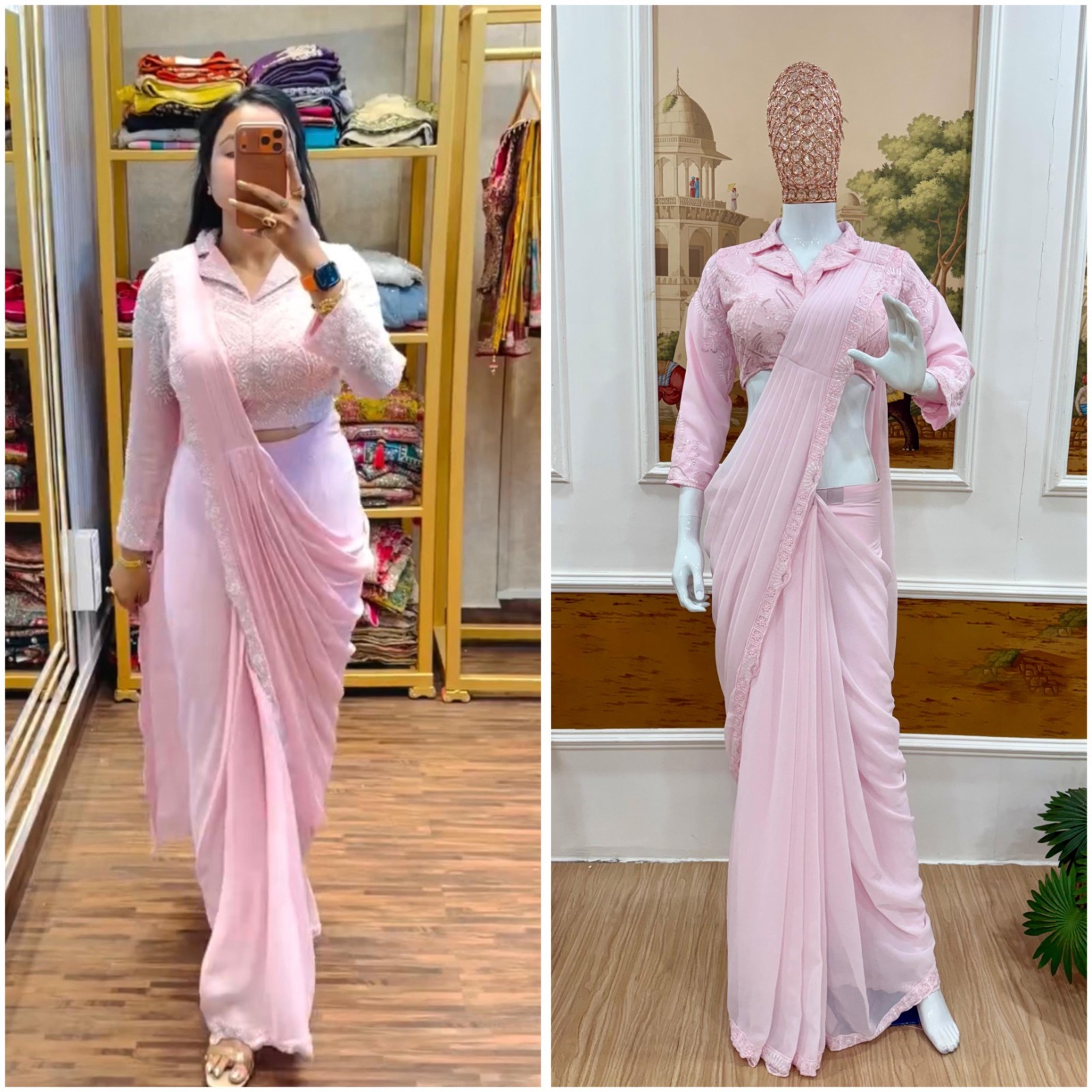 Ready to Wear indian Georgette Drape Saree with Embroidered Stylish Blouse sari