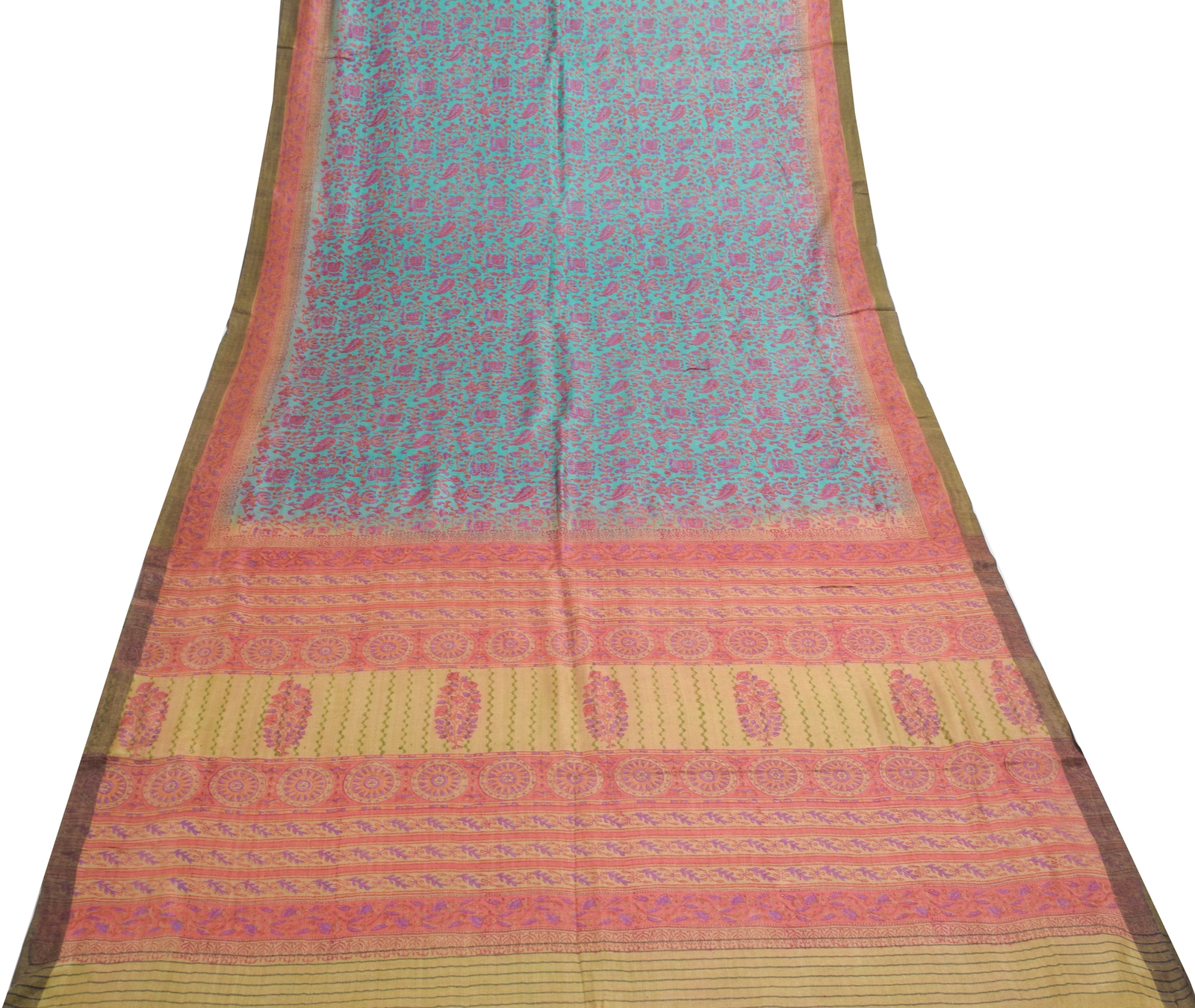 Sushila Vintage Aqua Blue Hand Block Printed Saree 100% Pure Woolen Sari Fabric