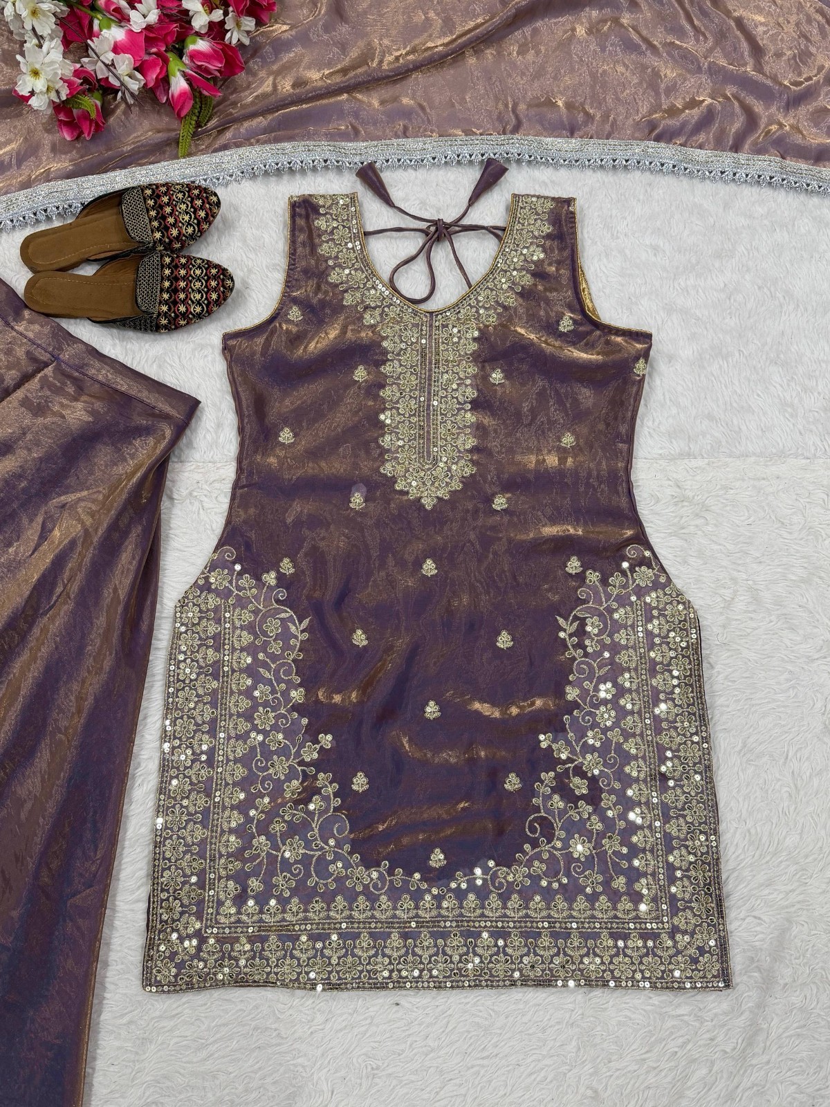 Attractive Purple Silk Top Palazzo With Dupatta For Party Wear