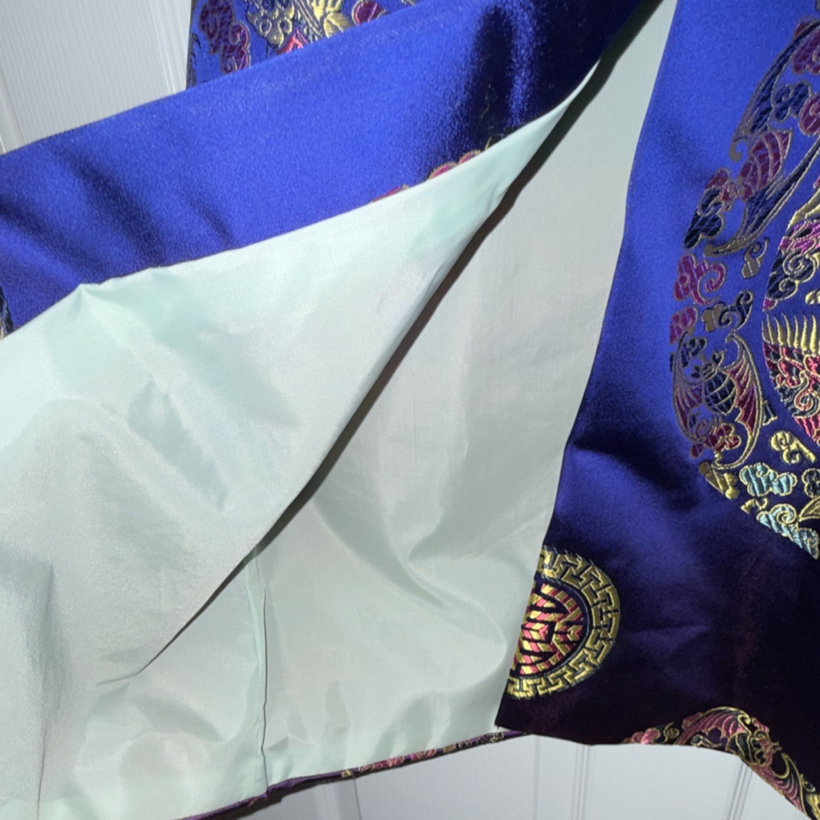 Blue Satin Asian-Style Brocade Robe/Tunic Mandala Pattern, One Size Unisex