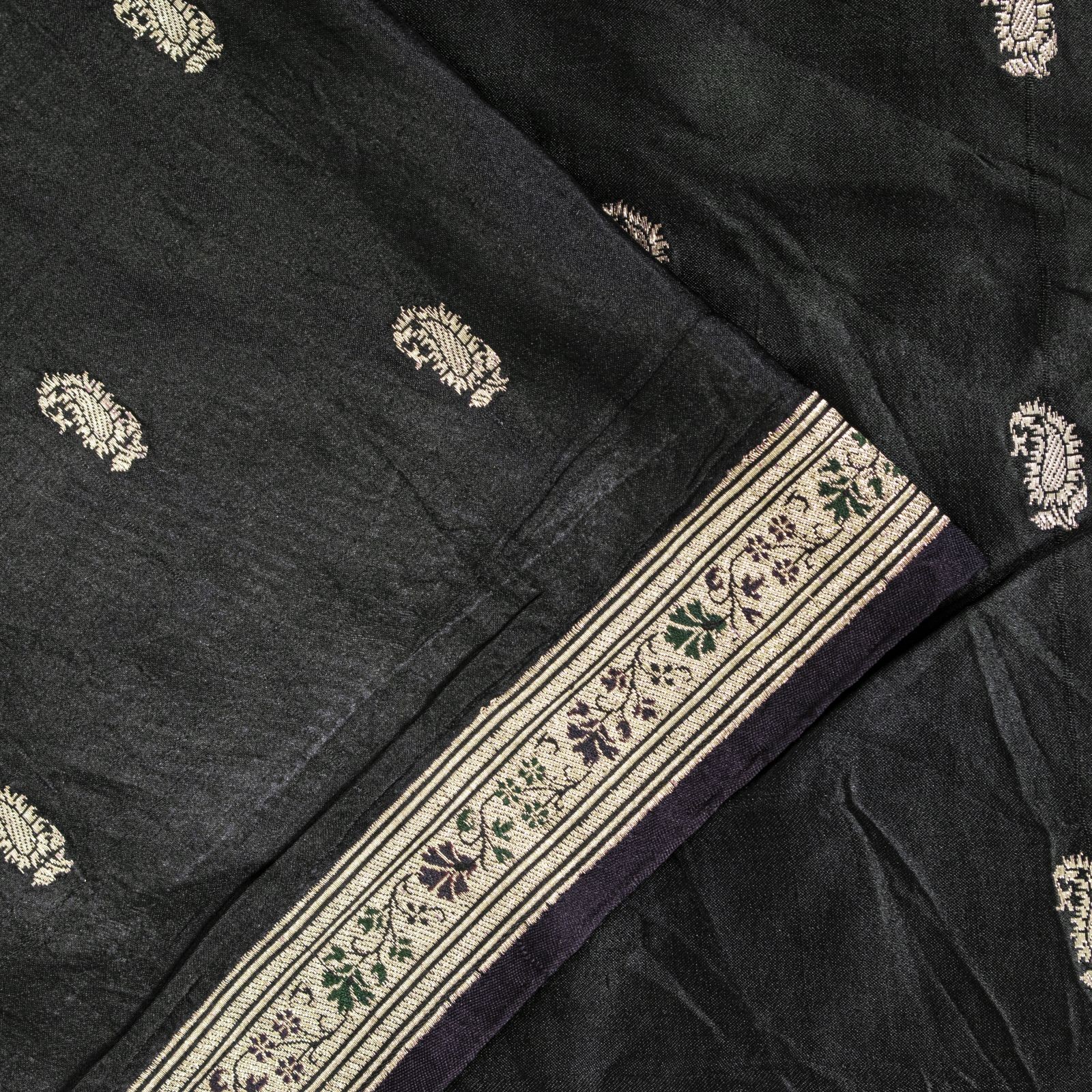 Sanskriti Vintage Black Pure Satin Saree Banarasi Brocade Zari Hand-Woven 5+Yd