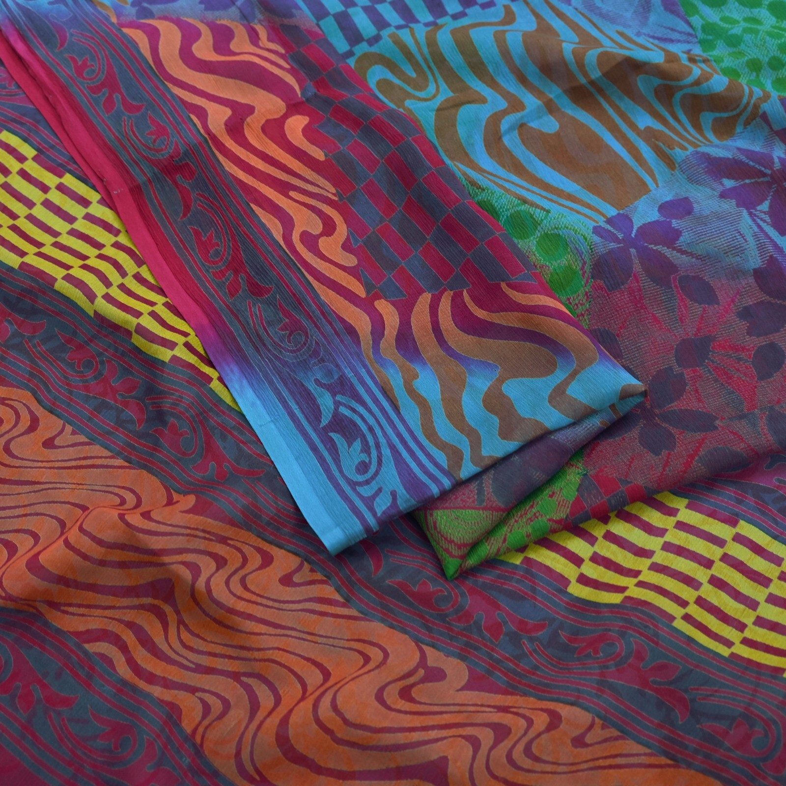 Indian Vintage Sari Blue & Purple Pure Chiffon Silk Printed Sarees Craft Fabric