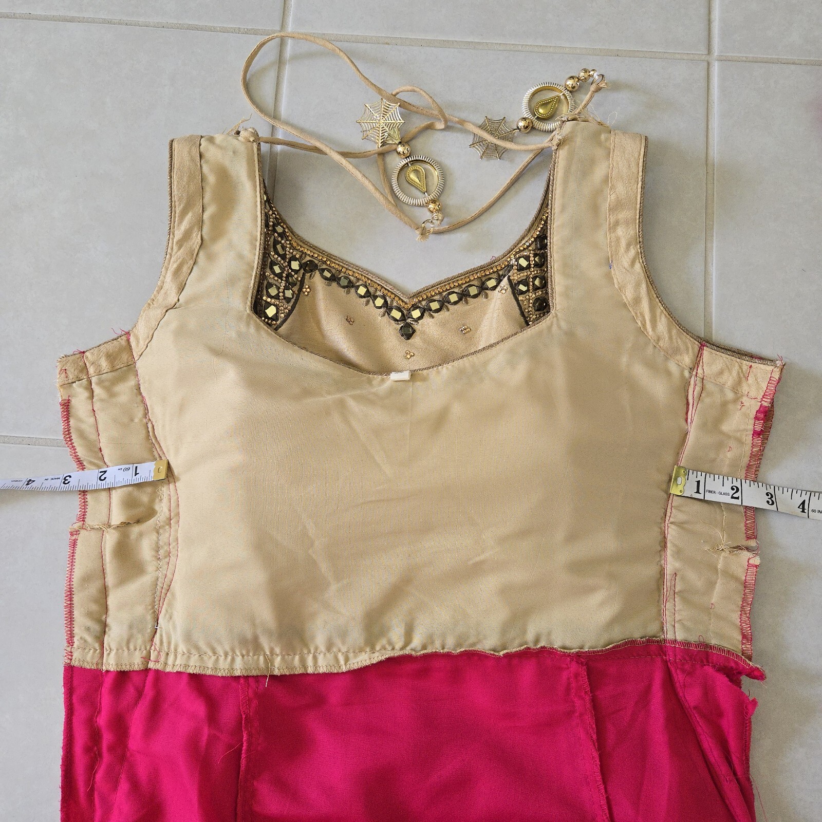 3 piece ruby red gold beige satin anarkali champagne mirror work size S small