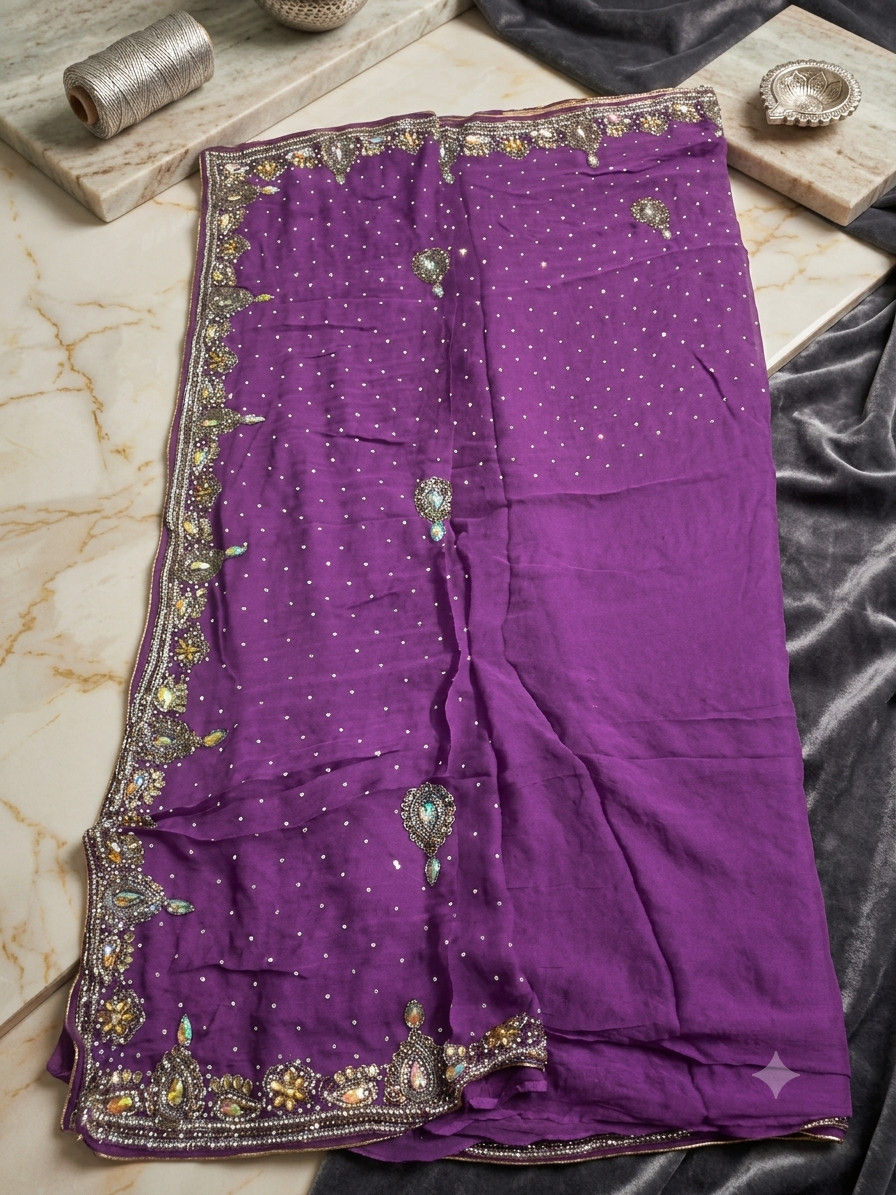 Women Purple Pure Georgette Handwork Saree with Unstitched Blouse Piece