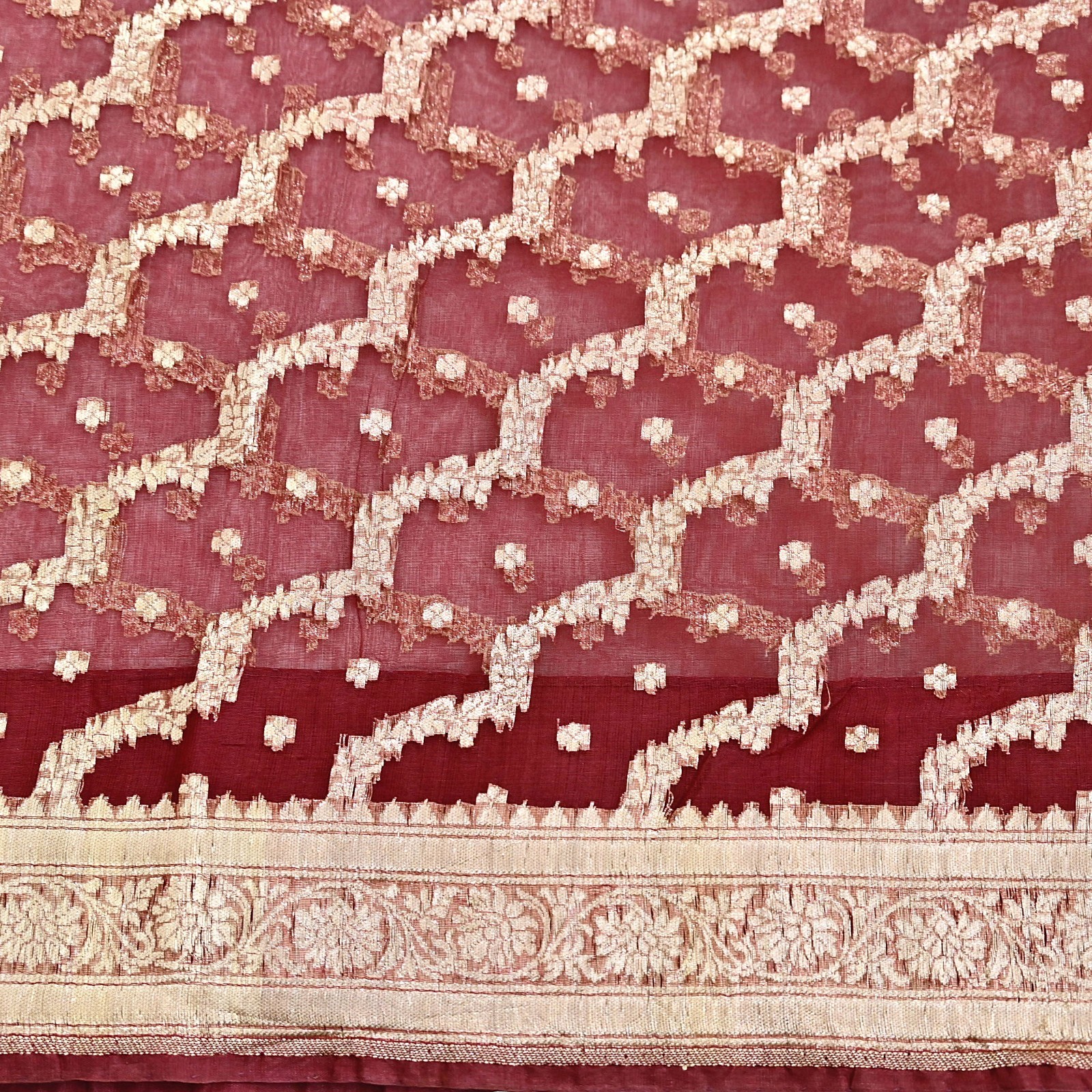 Indian Vintage Sari Heavy Maroon Pure Organza Silk Woven Brocade Banarasi Sarees