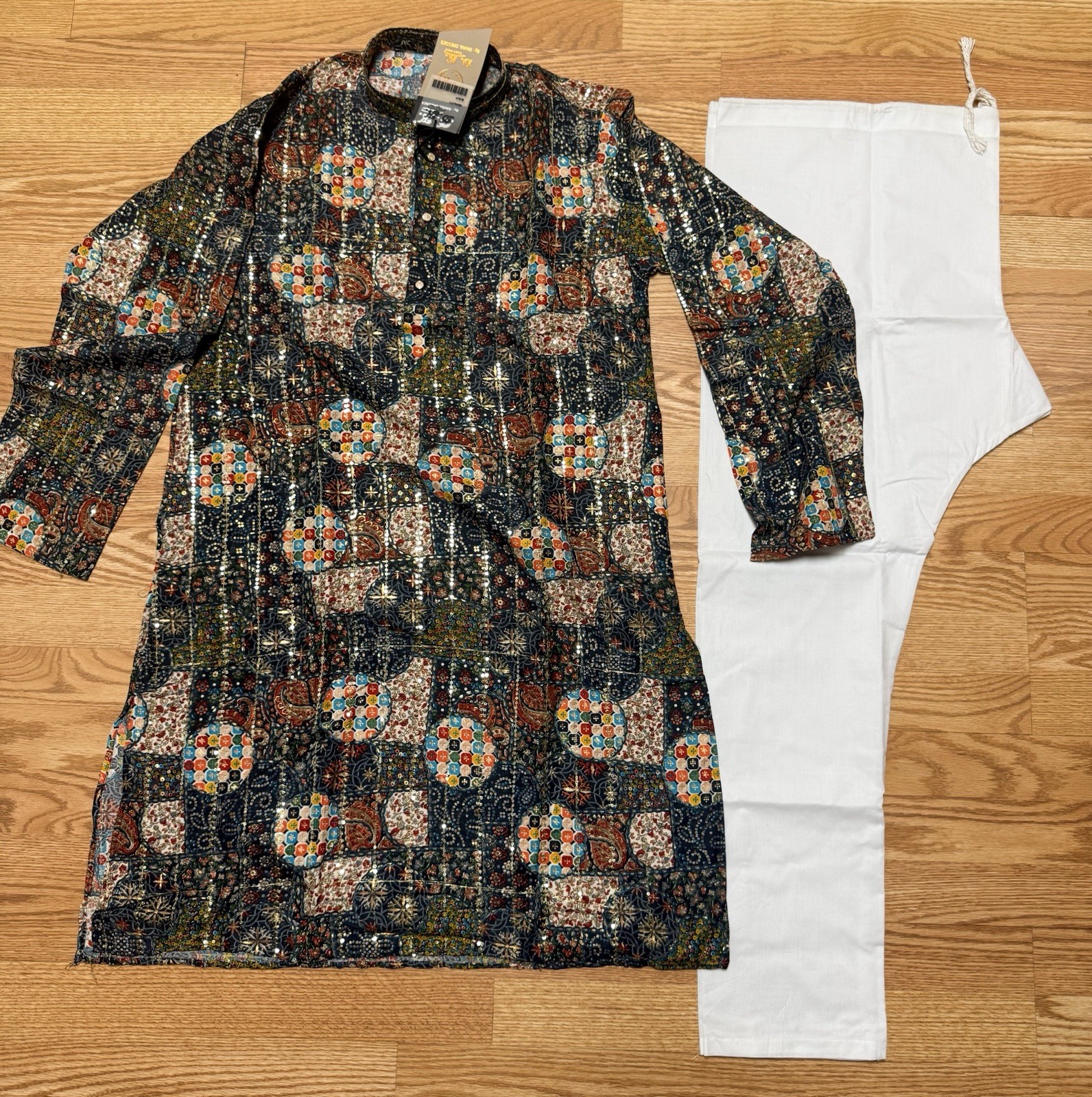 NWT Men’s Kurta PAJAMA SET SZ 40 M/L blue black bandhani sequins India-USA sell