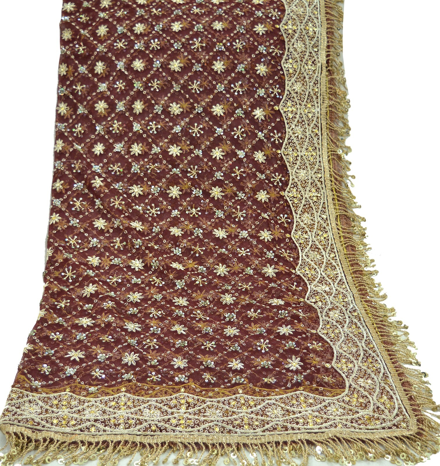 Indian Vintage Heavy Maroon Dupatta Net Mesh Long Stole Hand Embroidered Scarves